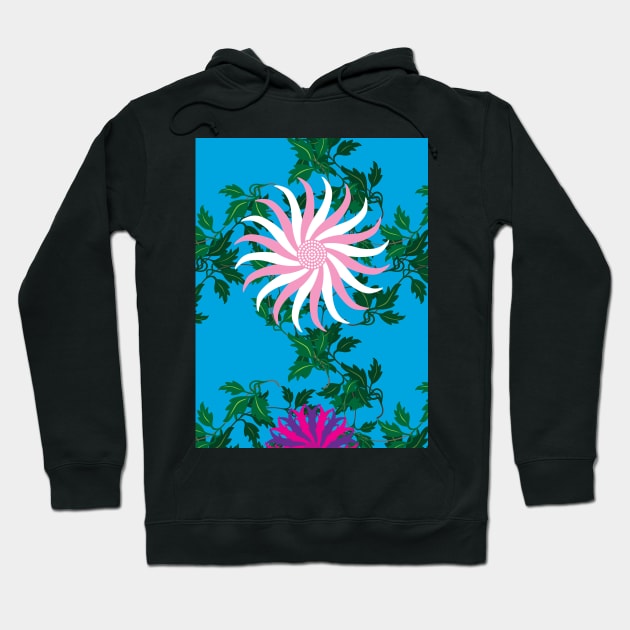 White and Pink, Cerise and Purple Flowers on a Vine Leaf and Vibrant Blue background Hoodie by sleepingdogprod